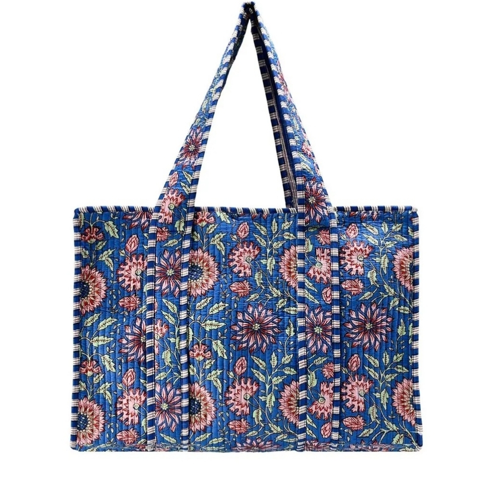 Blue Floral Quilted Tote Bag Large